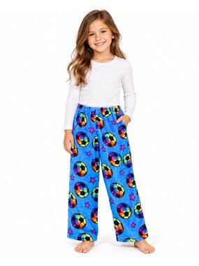 Girls Fleece Pajama Pants Size 5/6 Years Blue Rainbow Soccer Ball Stars Plush PJ